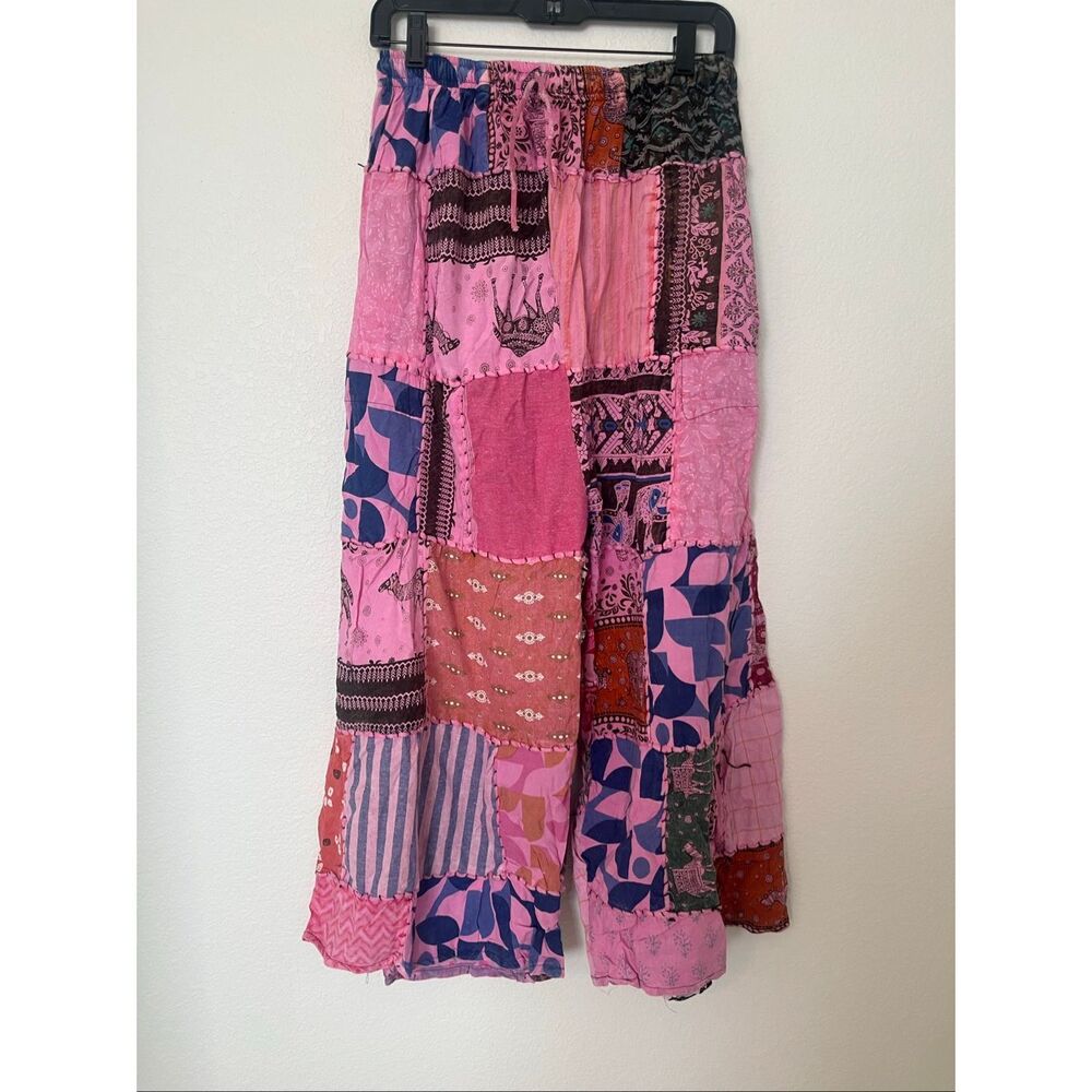 Wevez Pink Patchwork Wide Leg Pants – Boho Festival Lounge Pants – Elastic Waist